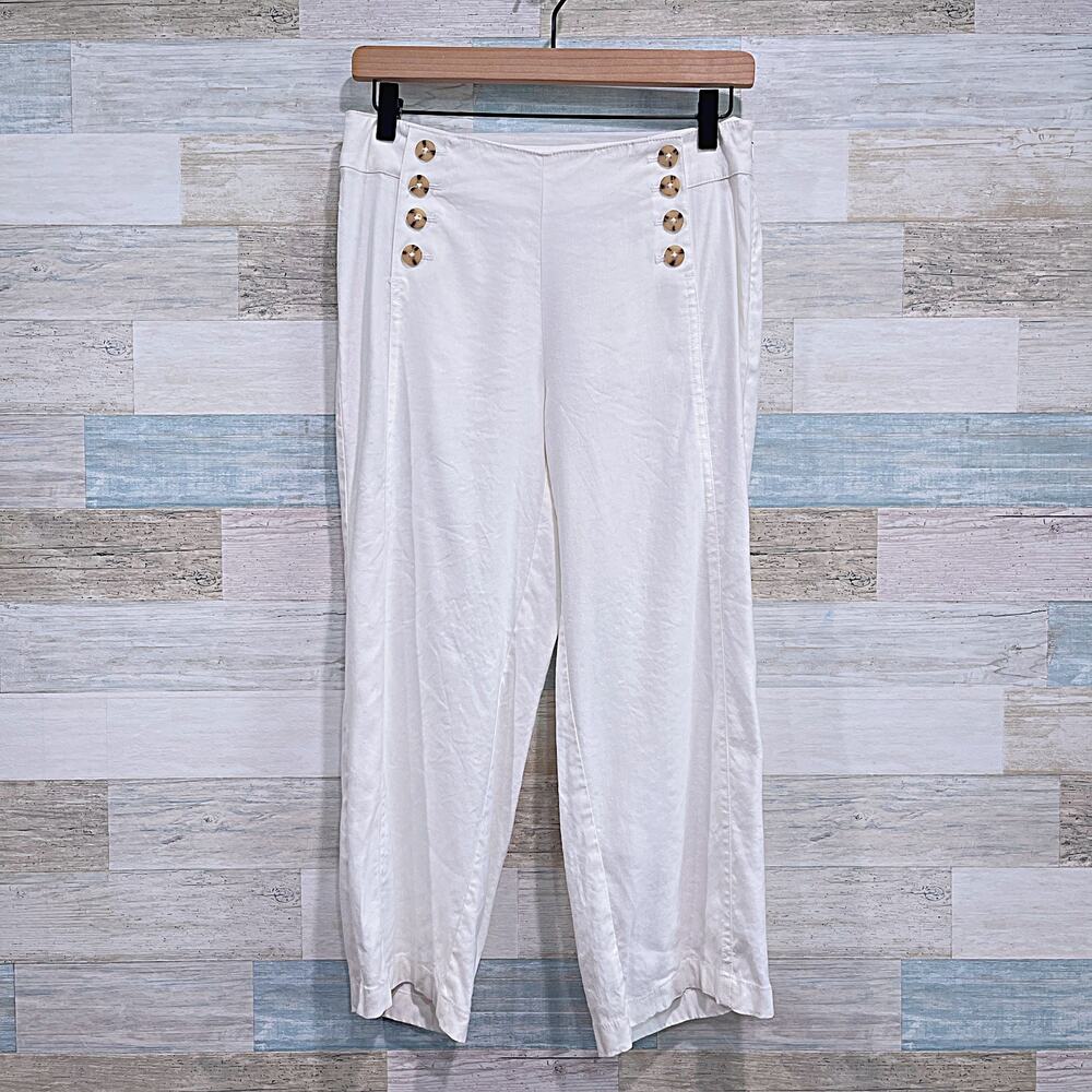 J JILL Linen Stretch Crop Wide Leg Sailor Pants White Buttons Womens 4 Petite 4P